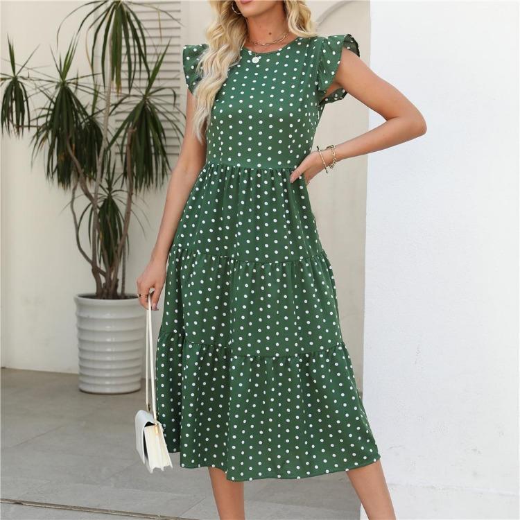 Summer Women Sleeveless Round Neck Ruffled Dot Print Long Dress Polka