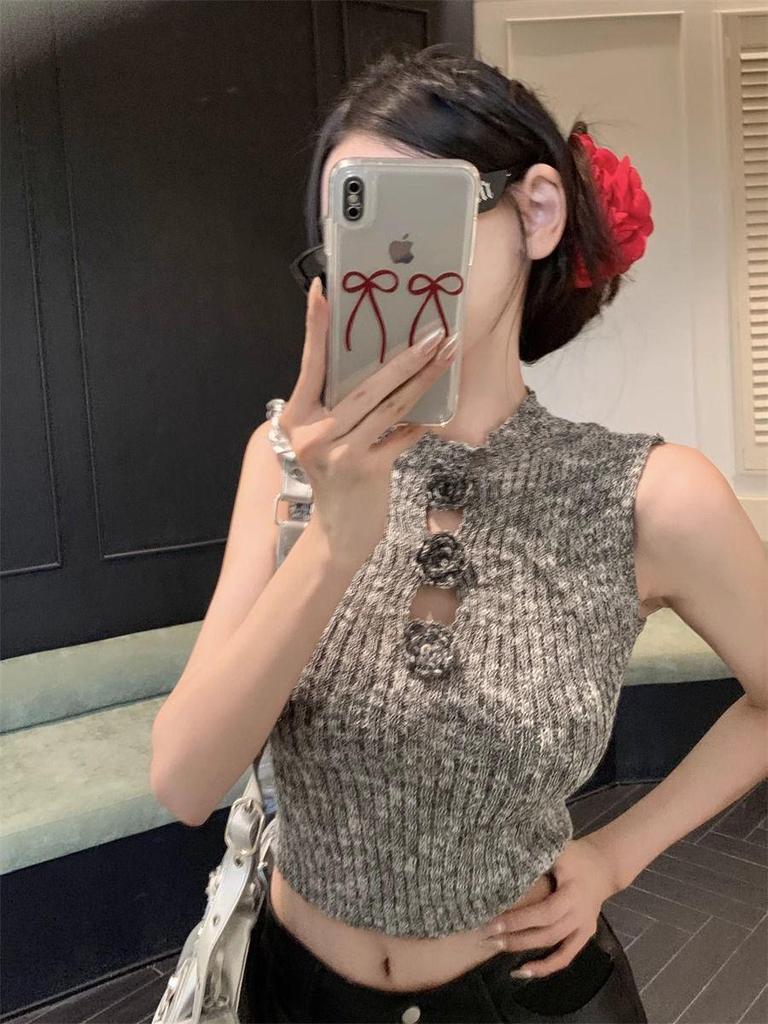 2025 Spring/Summer Hong Kong Style Spicy Girl 3D Flower Hollow Knit Cropped Tank Top