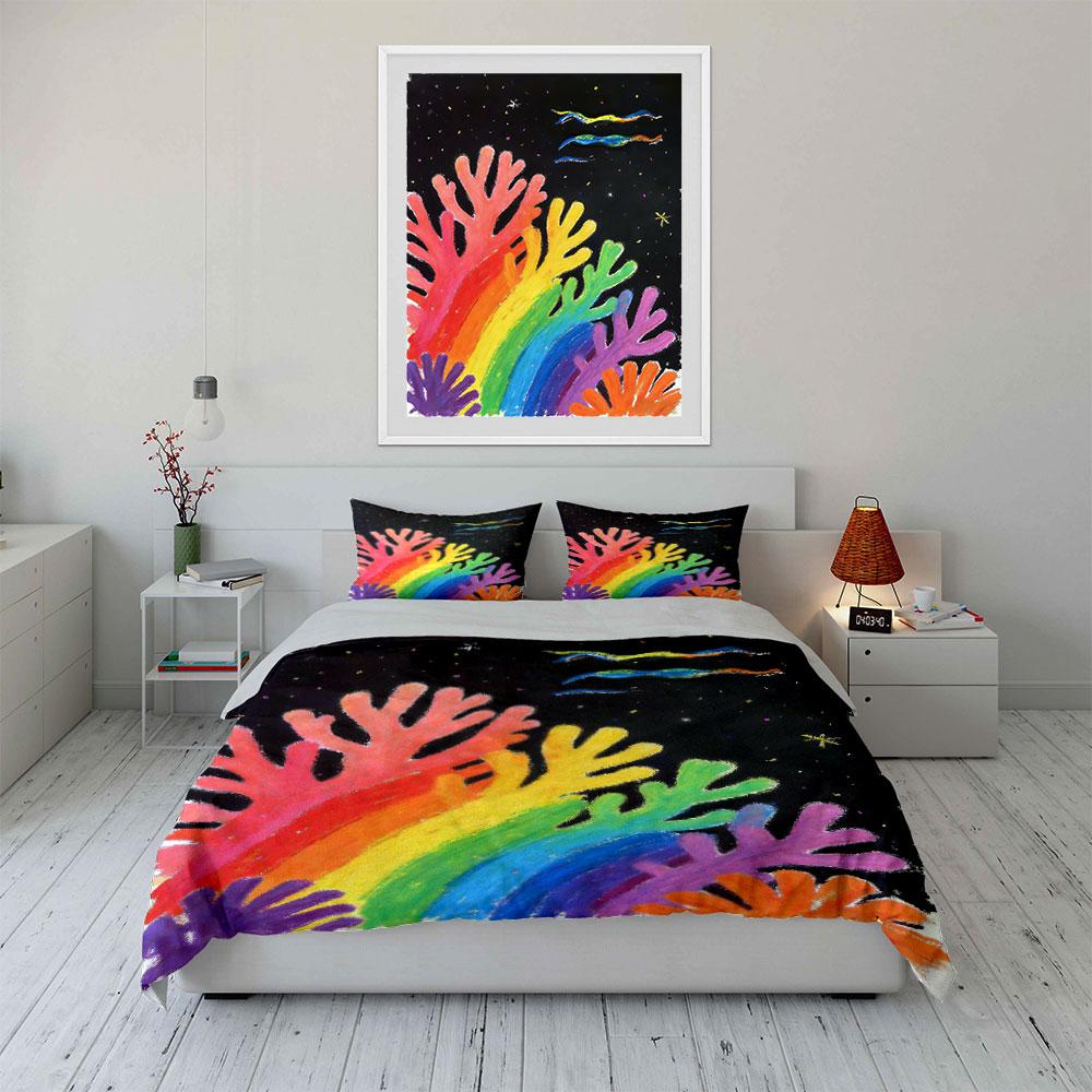 Rainbow coral, starry background. Bedding sets Duvet cover sets Duvet covers Pillowcases(1 * Duvet Cover 2 * Pillowcases without duvet insert)