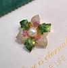 Elegant Colorful Bauhinia Flower Brooches for Women Luxury Pearl Rhinestone Enamel Green Leaves Corsage Accessories Wedding Pin