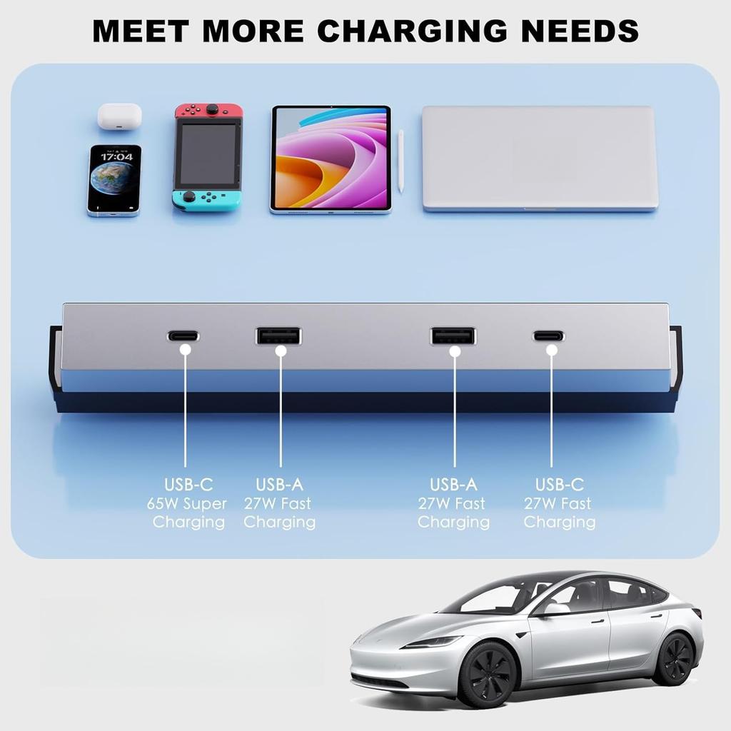 Xiaomi USB Hub For Tesla Model YL Y Launch Juniper 27W-65W Central Control Type-C USB HUB Fast Charging Model 3 Highland Expansion Dock