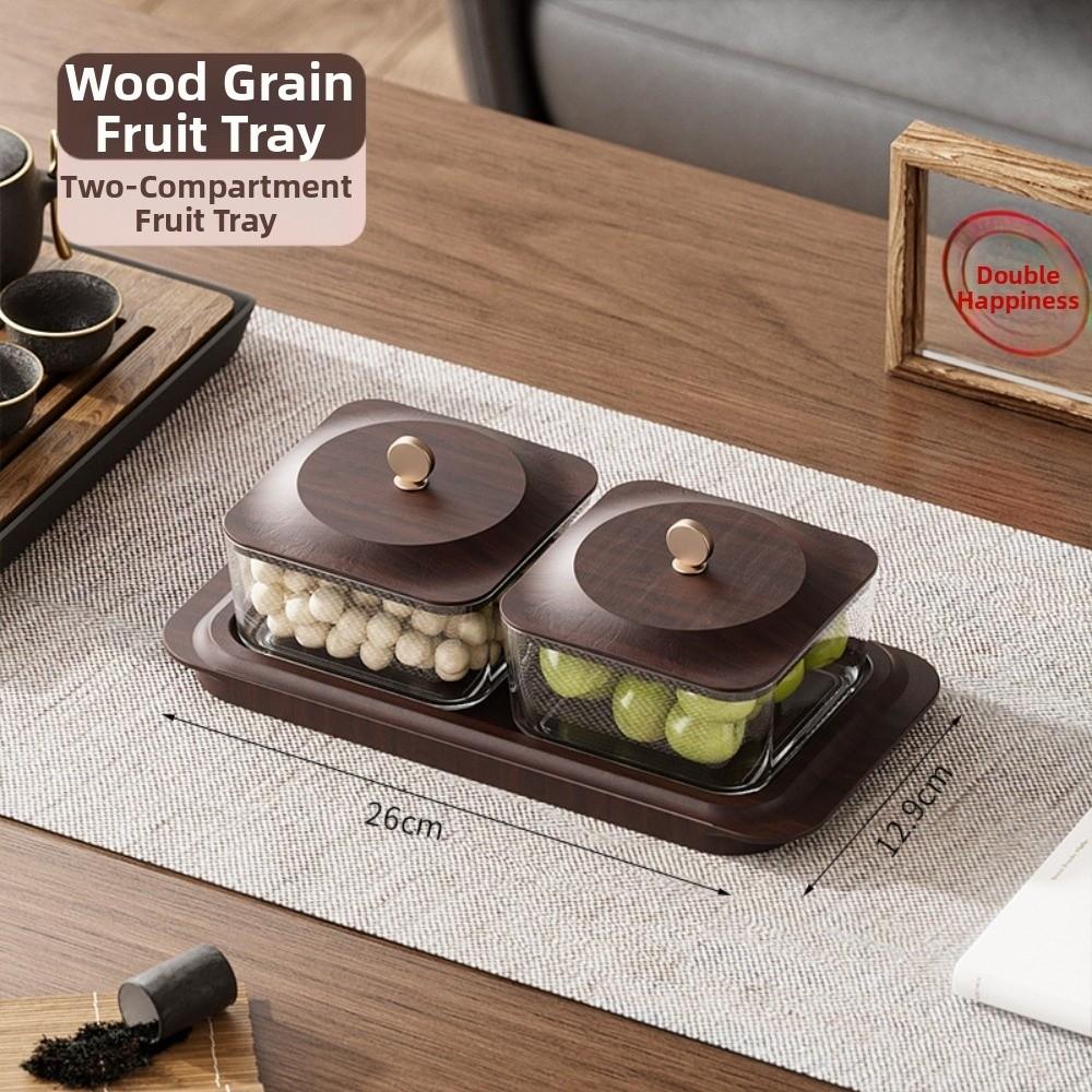 Wood Grain Snack Storage Box with Tray & Lid 2/4 Jars Coffee Table Dessert Plate Square Dustproof Nuts Candy Fruits Organizer