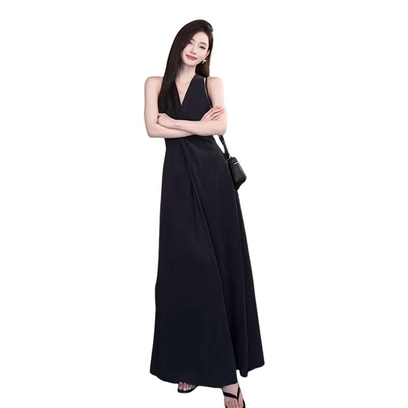 Temperament Brown Kinked Sleeveless Vest Dress Women's Summer Design Long Dress V-neck Waist Thin A-word Skirt
