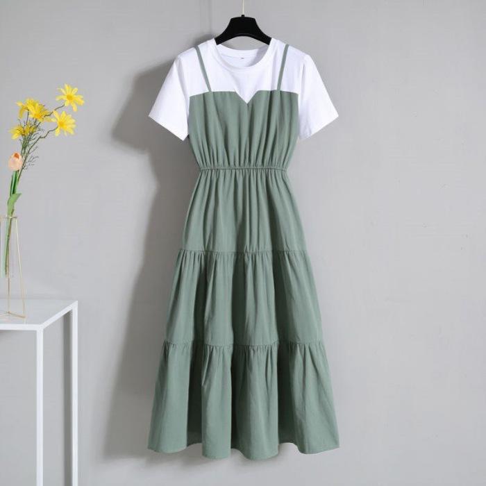 Large size women's clothing suspender fashion fake two-piece long dress summer fat sister waist thin short-sleeved dress