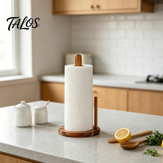 Talos Wooden Paper Towel Holder, One-Handed Operation Dispenser, Freestanding Countertop for Kitchen Bathroom