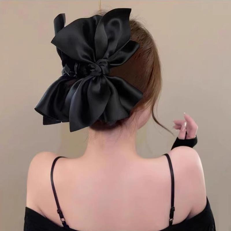 Oversized Black Satin Bow Clip High-End Hair Clip For Women'S Back Of The Head Shark Clip