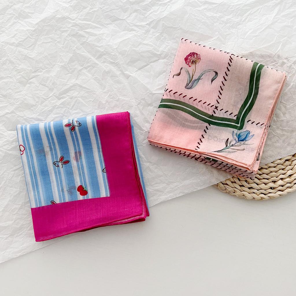 Girls pink cotton and linen small square scarf women's 1116 summer new sweet versatile neck scarf small scarf tied hair