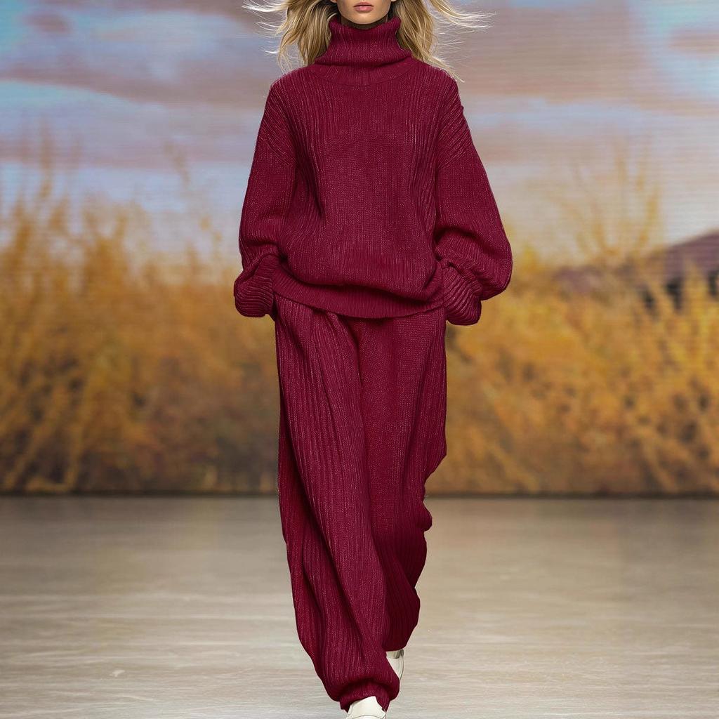 DM025 European and American Cross-border 2025 Spring and Autumn Leisure New Knitted Loose High-necked Wide-leg Pants Set