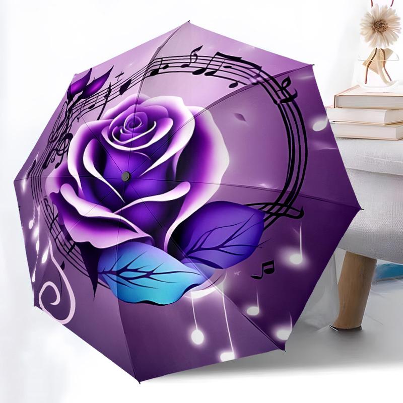 1pc Purple Rose Musical Notes Automatic Open/Close Folding Umbrella - Compact 8-Rib Design, Daily Use, Perfect Gift for Friends & Family Yy251124204