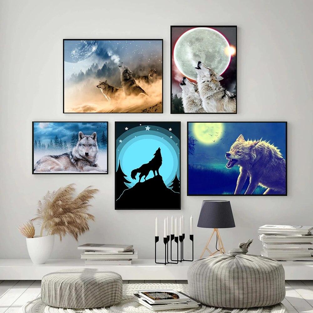 

Современная настенная живопись с животными, волк, вой, скандинавские постеры и принты, домашний декор для гостиной, настенное искусство