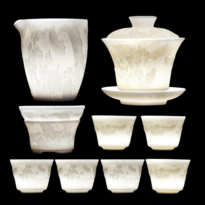Embossed Mutton Fat Jade White Porcelain Gongfu Tea Set
