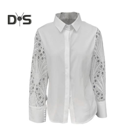 Kadın Gömlek Hollow Lace Ekleme Tasarım Uzun Kollu Yaka Gömlek Üstleri Tek Göğüslü Bol Kesim Düz Renk Gömlek