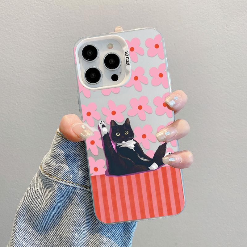 Pink Flower And Black Cats Laser Phone Case for iPhone 15 14 Pro Max Plus 17 16 Pro Max 13 Mini 12 11 Pro Max Shockproof Covers