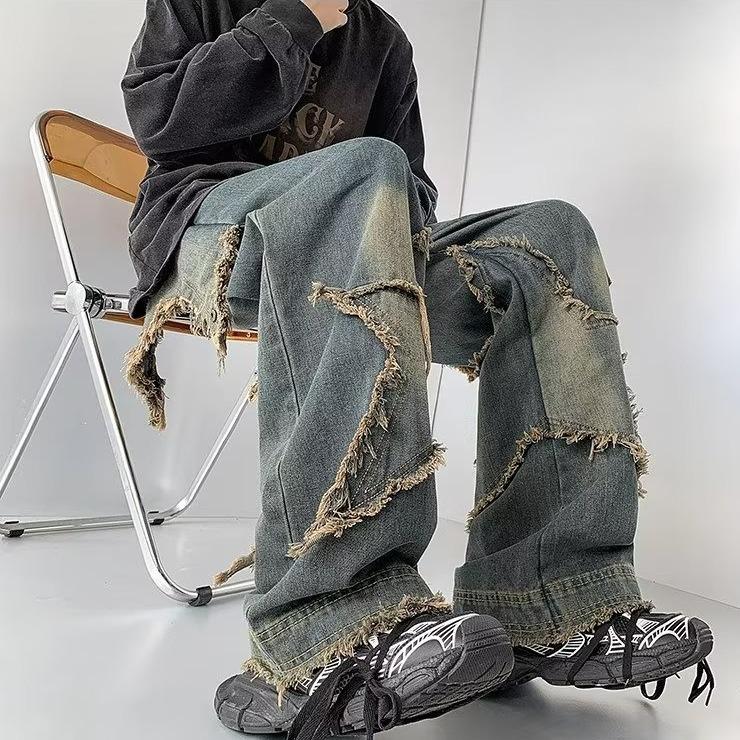 American Retro Men's Star Raw Edge Washed Loose Straight Jeans