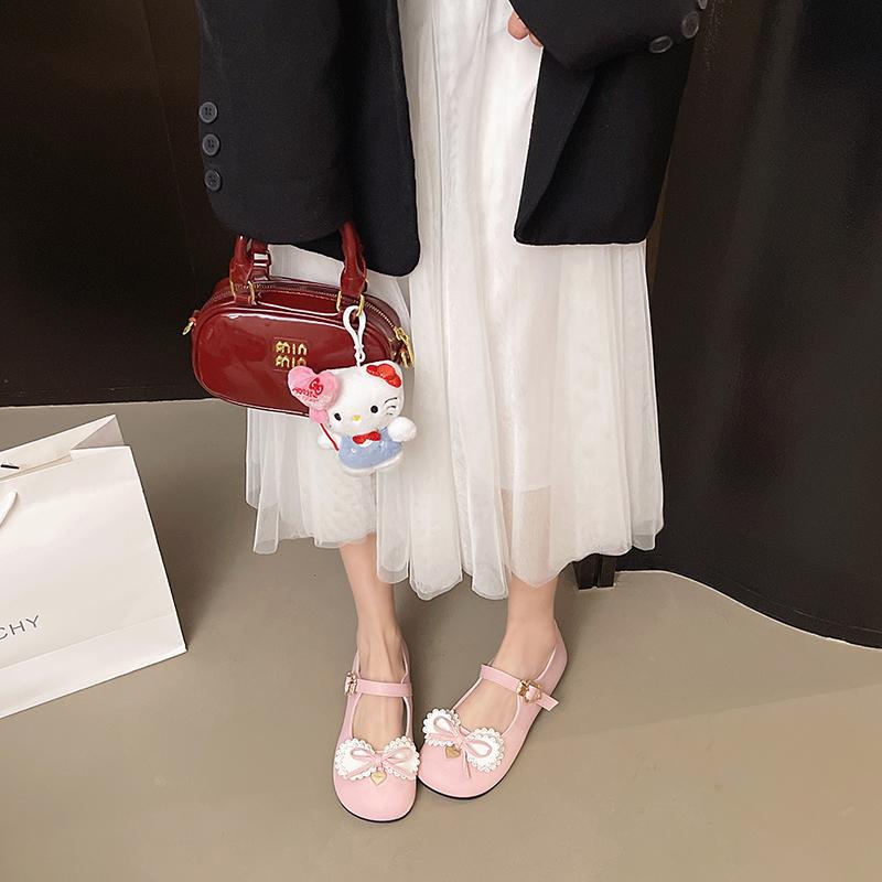 Lolita Sweet Vintage Kawaii Bow High Heels Elegant Princess Leather Shoes Black Women Shoe Low Heel Summer Pumps