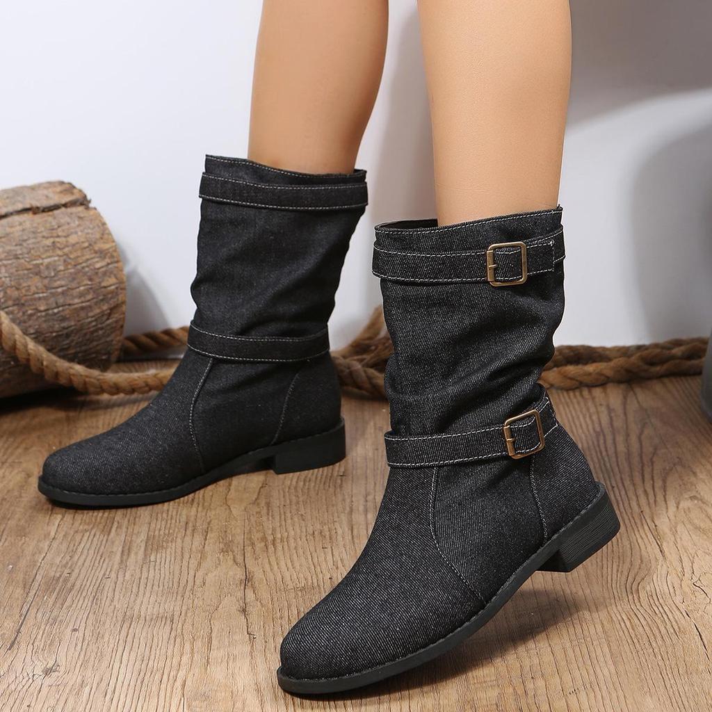 Europeisk och amerikansk stil Damstövlar i mellankalvshöjd - Rund tå, Tjock sula, Platt låg klack, Höst/Vintermode