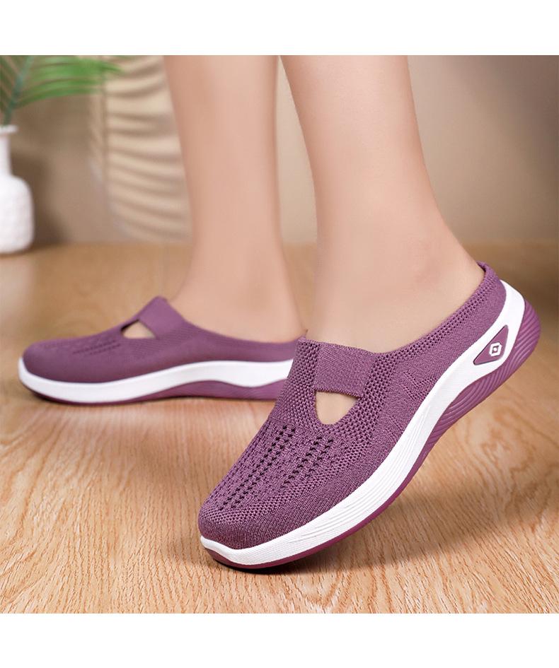 Women's Versatile Breathable Slip-On Closed-Toe Mesh Flyknit Casual Half Slippers with Soft Soles.
