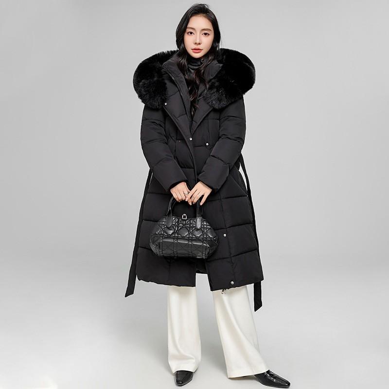 Womens Long Puffer Coat With Faux Fur Collar Hooded Winter Warm Cotton-Padded Overcoat Slim Fit Knee-Length