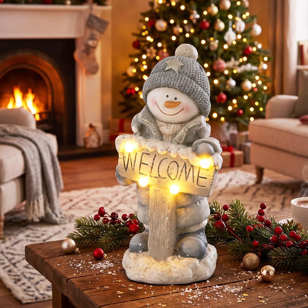 Christmas Decoration Snowman Figure, Illuminated Christmas Statue made of MGO with Welcome Sign, LEDs and Daily Timer