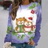Cartoon Owl Pattern Cotton T-Shirt For Women Christmas Style Long Sleeve Tops Autumn O Neck Oversized Pullover Harajuku Sweater