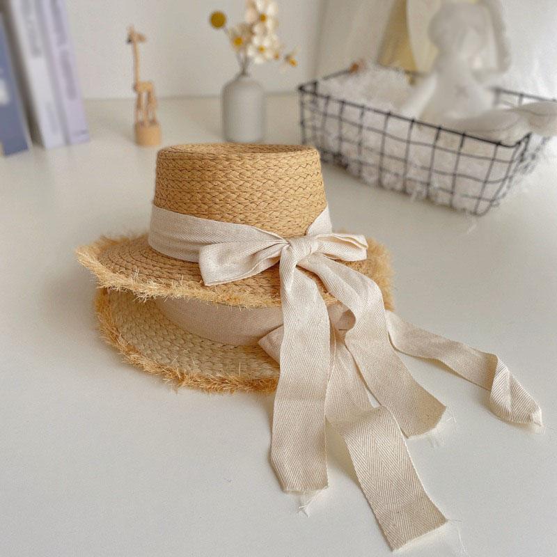 Girl's Sun Hat Summer Travel Kids Sunshade Hat Hairy Straw Hat Decorated With Bowknot