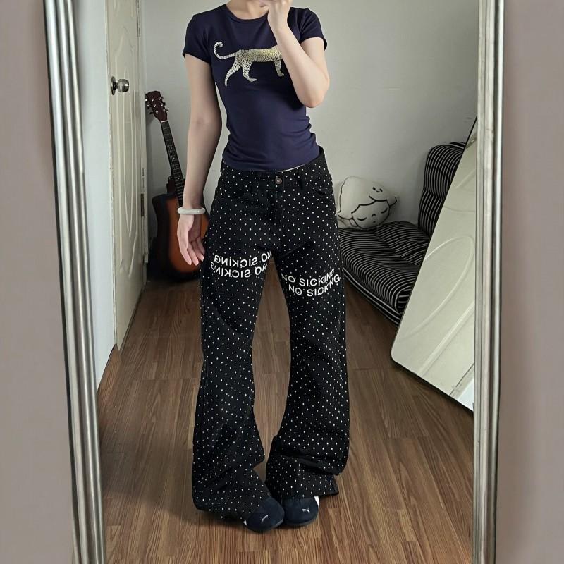 Polka Dot Color Block Jeans Unisex Straight Leg Trendy Casual Denim Pants