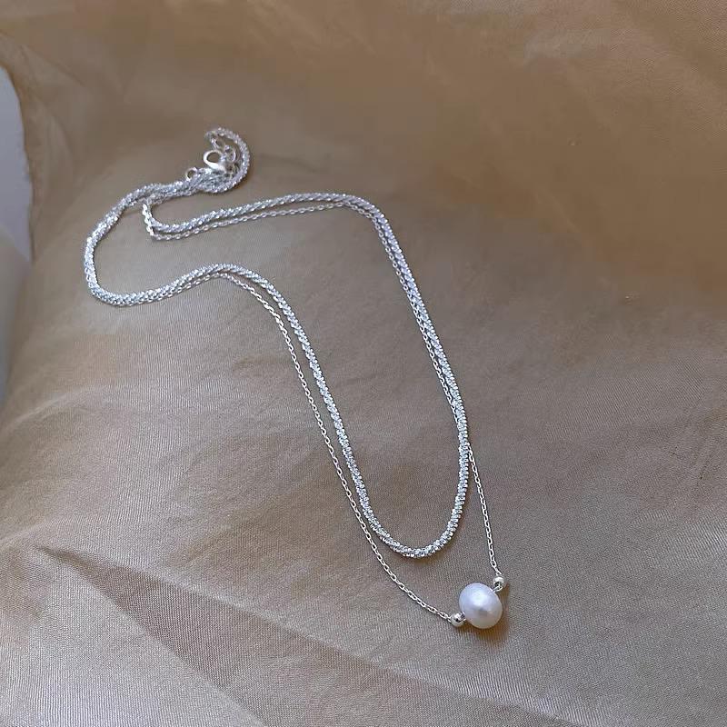 Colier la modă cu perle de apă dulce cu două straturi: Lanț de claviculă strălucitor, în stil rece pentru femei
