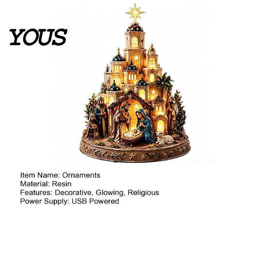 Christmas Mantel Ornament Bethlehem Nativity Church Light Tower, Lighted Village Scene with Star Glowing Religious Table Centerpiece Tower & Figurine,