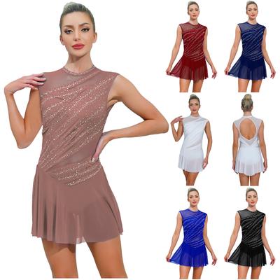 Women Stylish Ruched Dance Dress Round Collar Sleeveless Rhinestone Embellished Backless Performance Gown