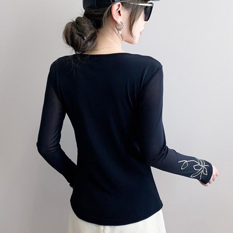 Spring Autumn Women's Hotfix Rhinestone T-Shirt Elegant O-neck Full Sleeve Tees Slim Ladies Tops