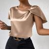 Women's Casual Elegant Satin Pleated Color Loose Peplum Top Women Detail Asymmetric Collar Shirt