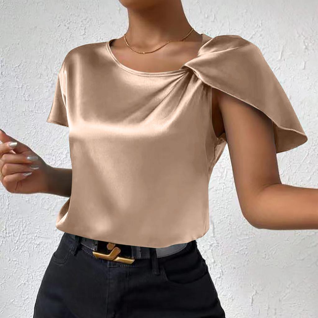Women's Casual Elegant Satin Pleated Color Loose Peplum Top Women Detail Asymmetric Collar Shirt