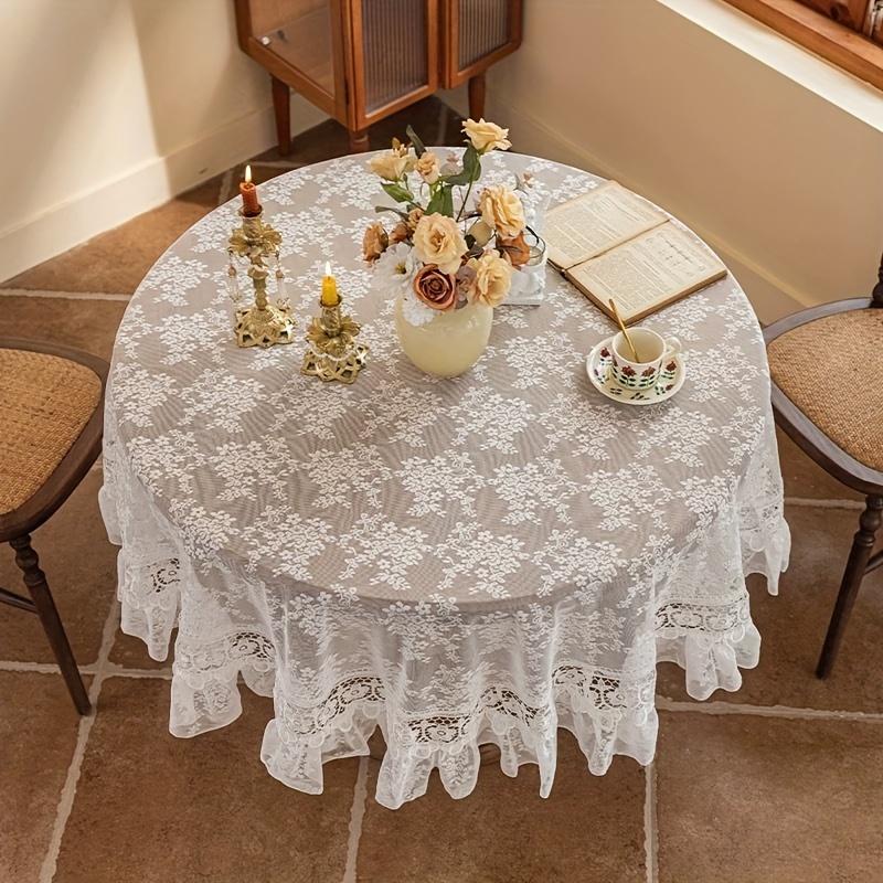 Vit spetsbroderad rund duk, blommönster, vintagecharm för matsal, sovrum, café, festdekoration