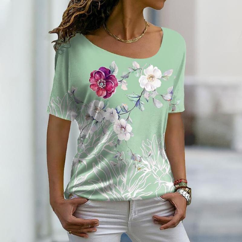 Summer Women T Shirt Casual Fashion T-shirt Female Color Flower Print Short Sleeve Top Vintage Oversized Tees Kawaii Clothes New