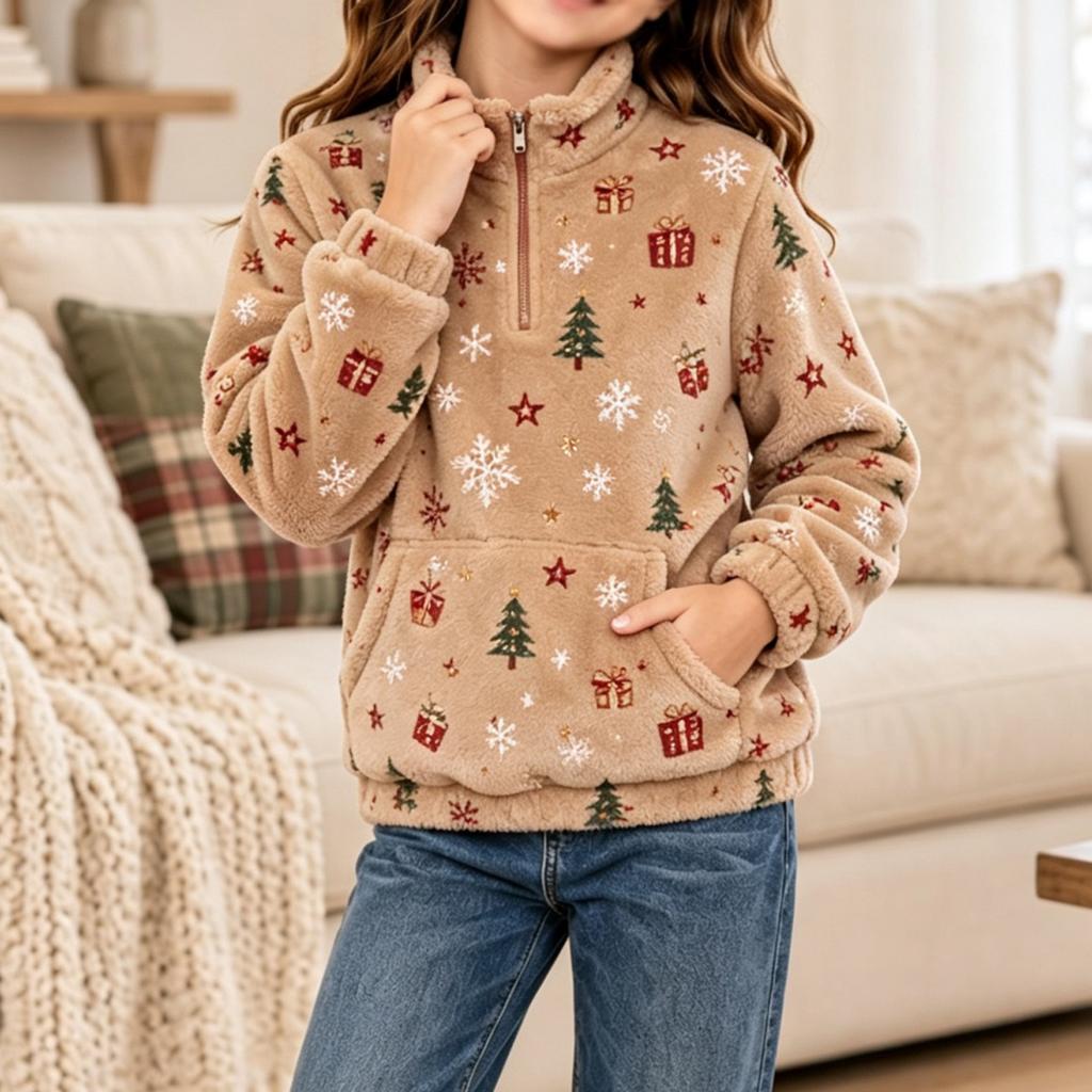 Boys Girls Christmas Sweatshirt, Pattern Long Sleeve Stand Collar Pullover for Fall Winter, Casual Comfortable Top