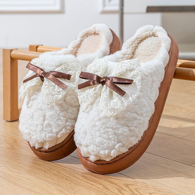 Sheep bow cotton slippers indoor home soft sole warm plush thick sole confinement shoes ins