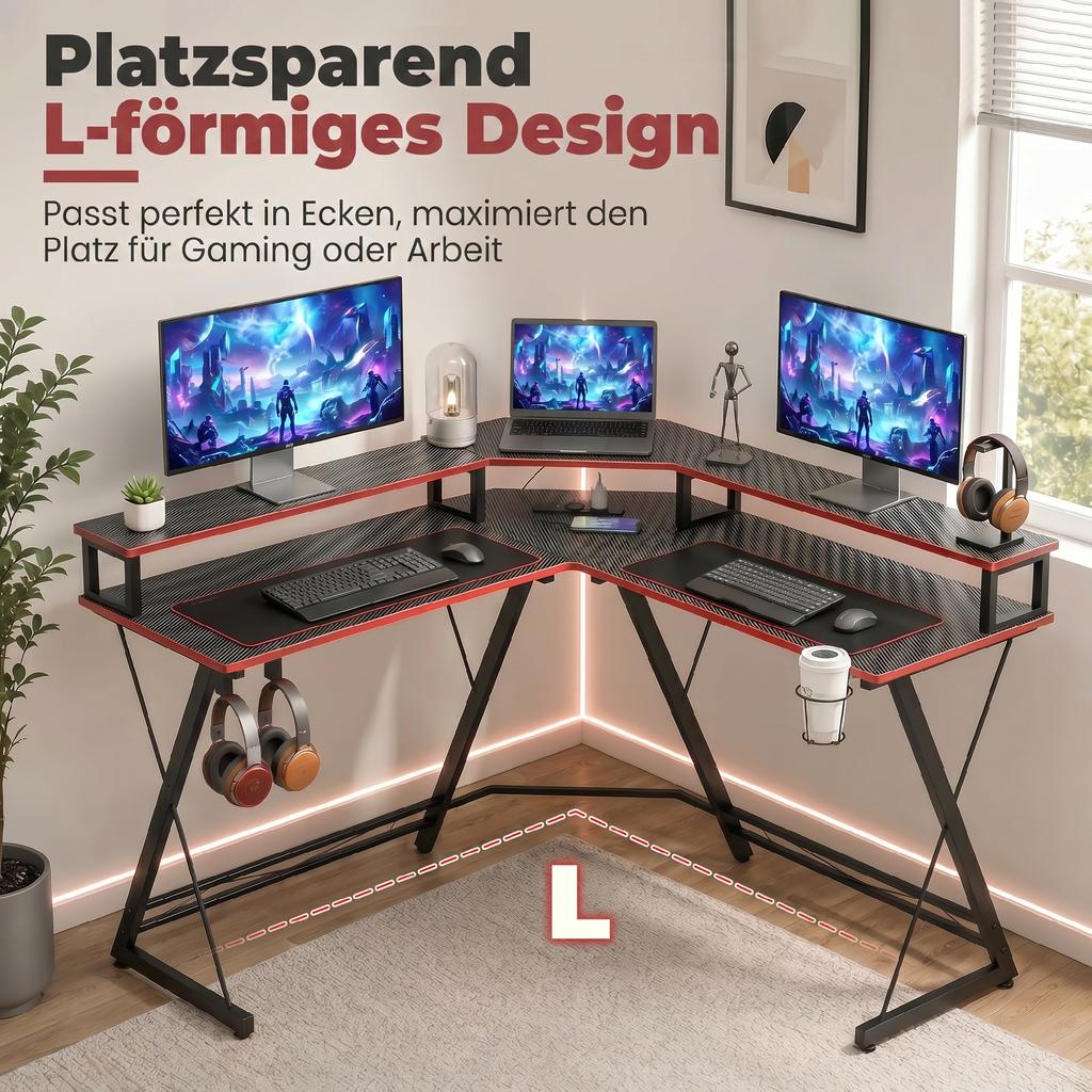 L-Shaped Computer Desk with Power Outlets, 128 cm Corner Desk with Monitor Stand, Headphone Hook & Cup Holder