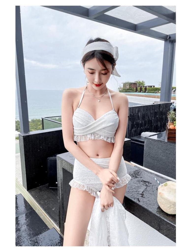 2025 Lace & Mesh Three-Piece Bikini with Long Sleeve Boxer Top