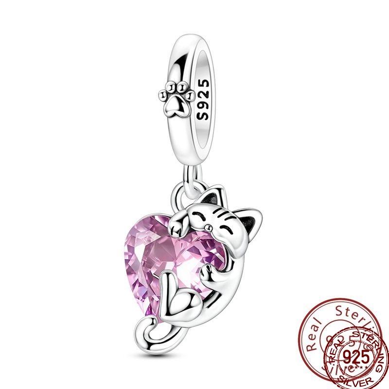 100% Copper Pink Gem Dolphin Charms Beads Horseshoe Cat Ballet Pendant Fit Original Bracelet Diy For Women Jewelry