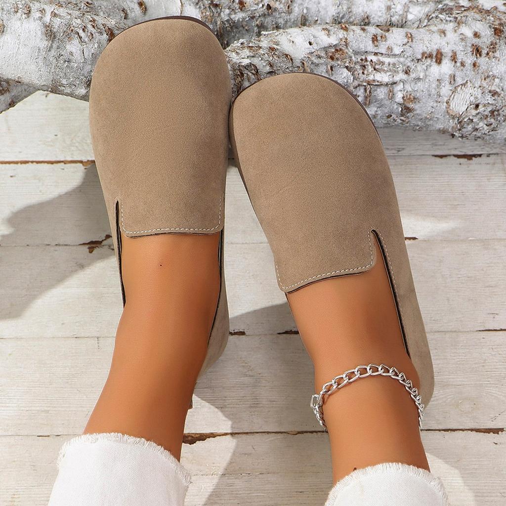 Lässige Slipper Damen Kuhveloursleder Runde Zehenpartie Täglich Weiche Schlupf-Laufschuhe Weiblicher Komfort Büro Pendeln Flache Schuhe Frau