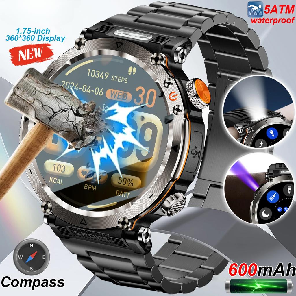 2025 Nowy Smartwatch Outdoorowy 5ATM Męski 600mAh Latarka LED Smartwatch Kompas Połączenie Bluetooth Tętno IP 68 Sportowy Smartwatch