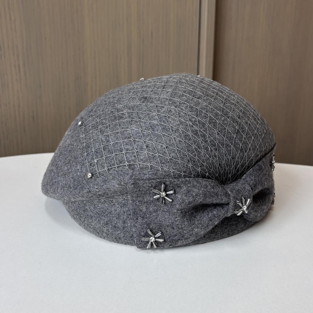 European And American Temperament Wool Beret Women'S Bow Mesh Rhinestone Stewardess Hat Elegant Styling Felt Top Hat