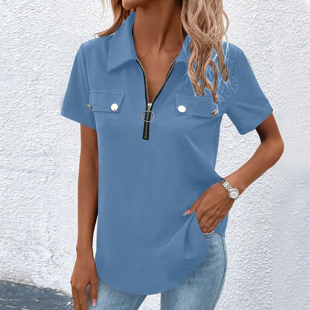 Damenmode Lapel Halbreißverschluss Kurzarm Top Mit Tasche