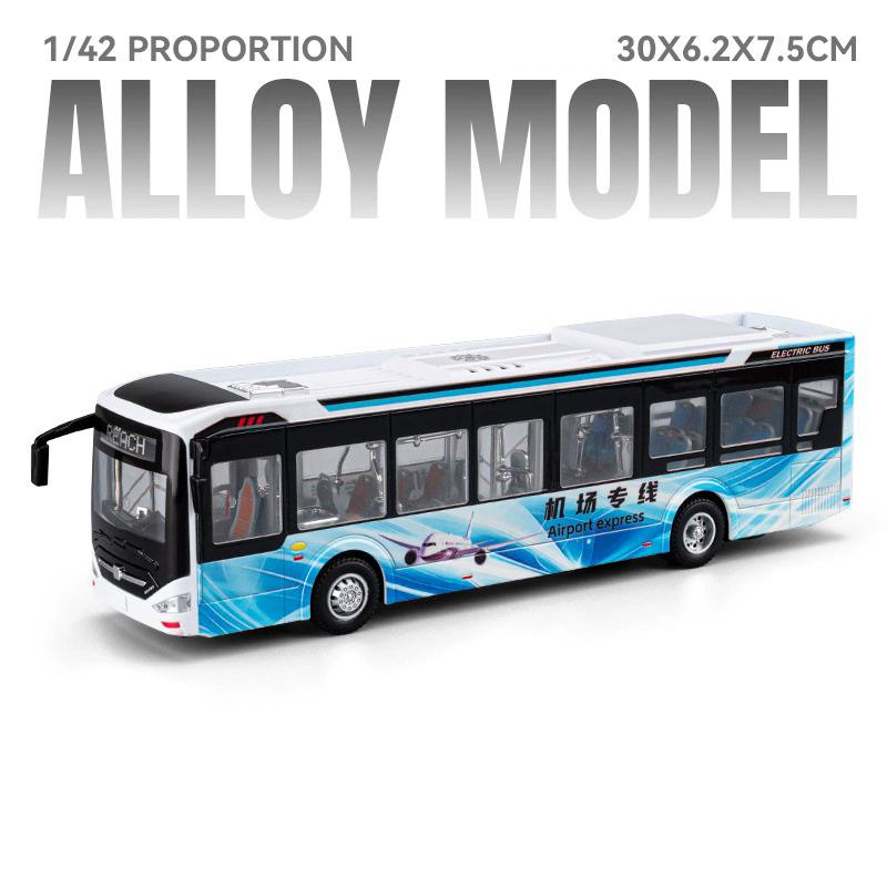 1:42 Scale New Energy Bus Model Toy Car Sound Light Pull Back Metal Body Electric Cars Models Collection Gifts for Children