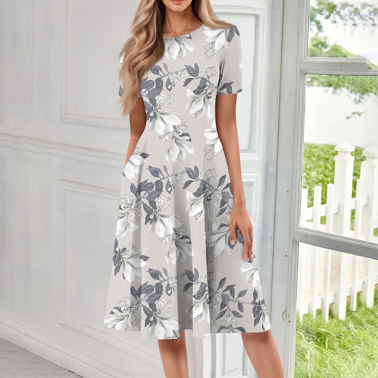 

Женское свободное повседневное и модное платье с круглым вырезом и короткими рукавами, средней длины с принтом XL
