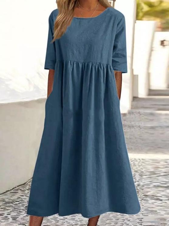 Cross-border foreign trade spring and summer new round neck 5-point sleeve large size casual loose long solid color cotton and linen dress