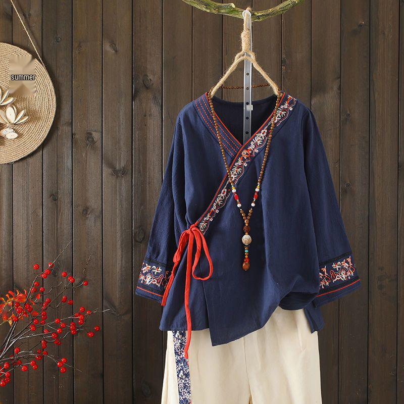 

Женская вышитая свободная хлопково-льняная блузка-кардиган - завязывающийся топ на весну/лето M (approx. 43-53 kg) темно-синий