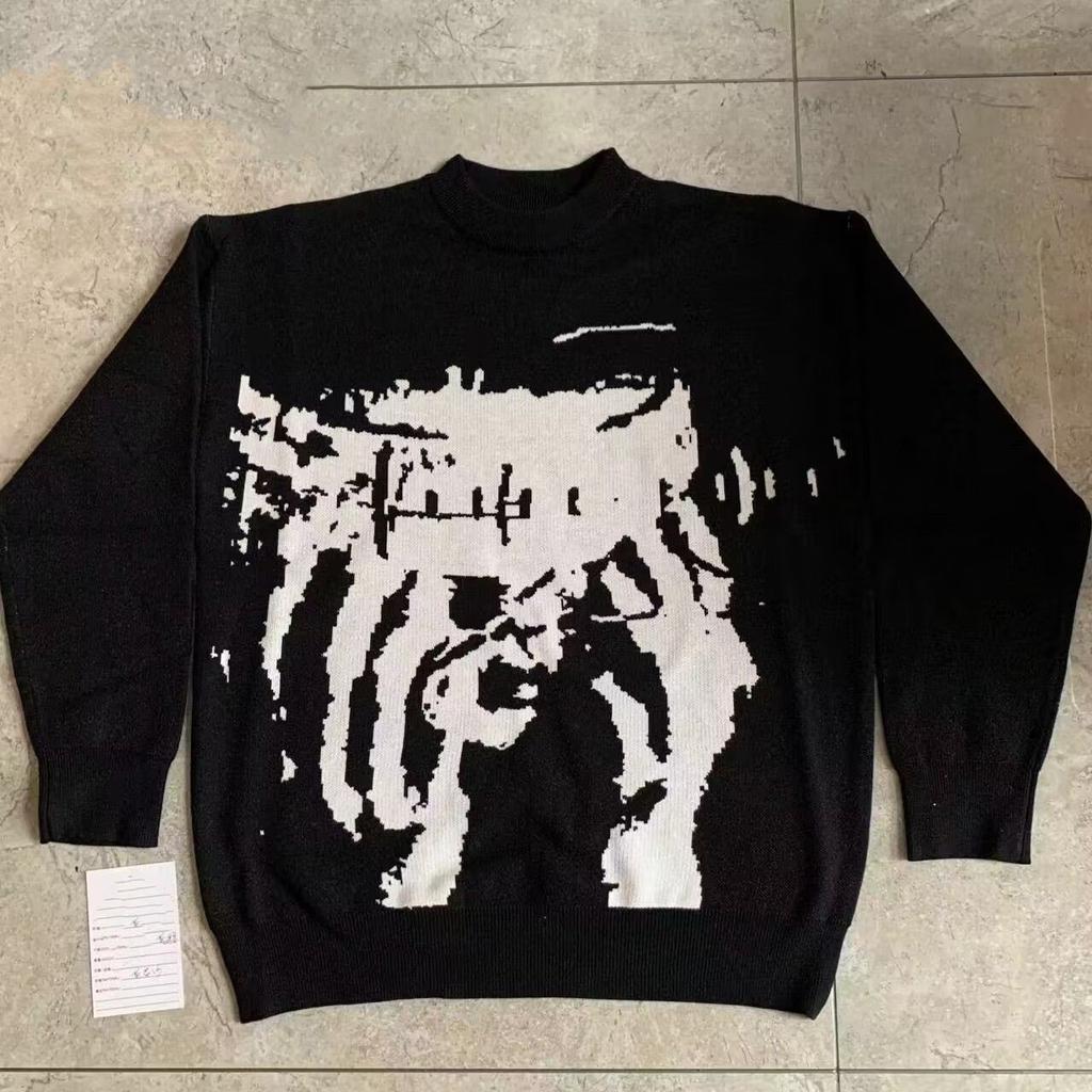 BeatStreet Vintage Swetry Dzianinowe Zimowe Oversize Unisex Y2k Harajuku Oversize Pulowery Portret Graficzny Szykowna Estetyka Streetwear