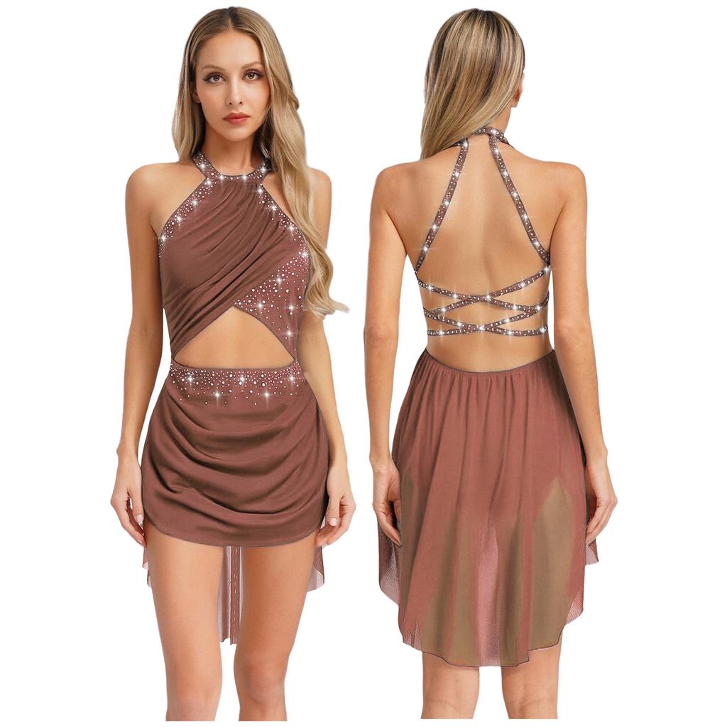 Modernes lateinamerikanisches Jazz-Lyrisches Samba-Tanzkleid für Erwachsene und Damen, Bühnenkostüm, Wettkampfkostüm, glitzernder Strass-Trikotrock