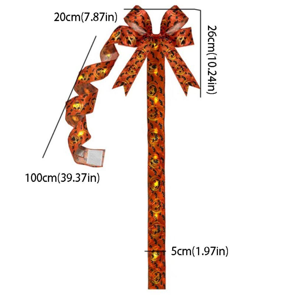 Satin Fabric Halloween Bow Black Color Light Up Design Lighted Bow Spooky Pattern Embroidered Fabric Bow Ornament